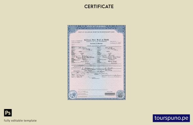 Plantilla de certificado de matrimonio de California de EE. UU. lista para impri